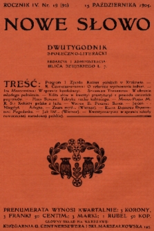 Nowe Słowo : dwutygodnik społeczno-literacki. R. 4, 1905, nr 19 (92)