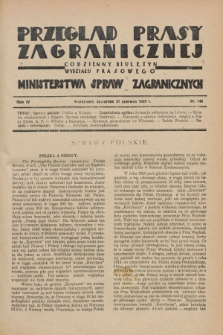 Przegląd Prasy Zagranicznej : codzienny biuletyn Wydziału Prasowego Ministerstwa Spraw Zagranicznych. R.4, nr 145 (27 czerwca 1929)