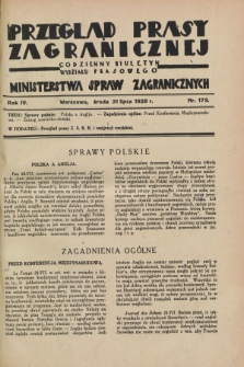 Przegląd Prasy Zagranicznej : codzienny biuletyn Wydziału Prasowego Ministerstwa Spraw Zagranicznych. R.4, nr 173 (31 lipca 1929)