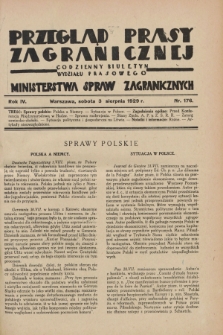 Przegląd Prasy Zagranicznej : codzienny biuletyn Wydziału Prasowego Ministerstwa Spraw Zagranicznych. R.4, nr 176 (3 sierpnia 1929)