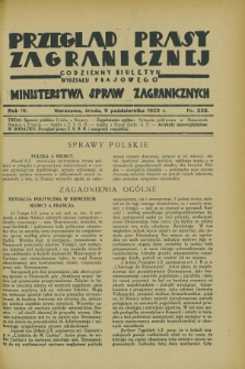 Przegląd Prasy Zagranicznej : codzienny biuletyn Wydziału Prasowego Ministerstwa Spraw Zagranicznych. R.4, nr 232 (9 października 1929)