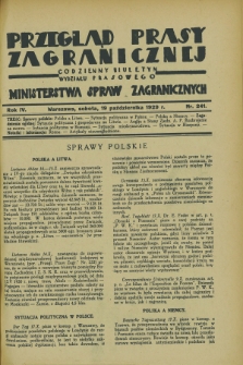 Przegląd Prasy Zagranicznej : codzienny biuletyn Wydziału Prasowego Ministerstwa Spraw Zagranicznych. R.4, nr 241 (19 października 1929)