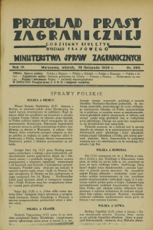 Przegląd Prasy Zagranicznej : codzienny biuletyn Wydziału Prasowego Ministerstwa Spraw Zagranicznych. R.4, nr 265 (19 listopada 1929)