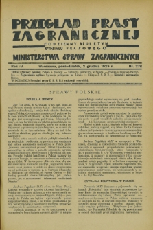 Przegląd Prasy Zagranicznej : codzienny biuletyn Wydziału Prasowego Ministerstwa Spraw Zagranicznych. R.4, nr 276 (2 grudnia 1929)