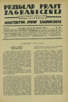 Przegląd Prasy Zagranicznej : codzienny biuletyn Wydziału Prasowego Ministerstwa Spraw Zagranicznych. R.6, nr 15 (20 stycznia 1931)
