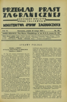 Przegląd Prasy Zagranicznej : codzienny biuletyn Wydziału Prasowego Ministerstwa Spraw Zagranicznych. R.6, nr 35 (13 lutego 1931)