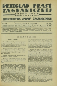 Przegląd Prasy Zagranicznej : codzienny biuletyn Wydziału Prasowego Ministerstwa Spraw Zagranicznych. R.6, nr 38 (17 lutego 1931)