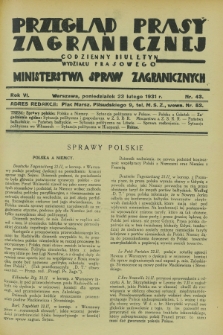 Przegląd Prasy Zagranicznej : codzienny biuletyn Wydziału Prasowego Ministerstwa Spraw Zagranicznych. R.6, nr 43 (23 lutego 1931)