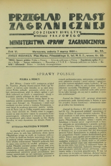 Przegląd Prasy Zagranicznej : codzienny biuletyn Wydziału Prasowego Ministerstwa Spraw Zagranicznych. R.6, nr 54 (7 marca 1931)