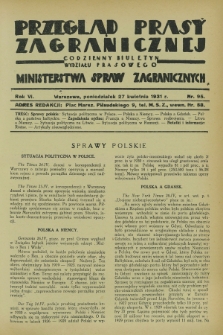 Przegląd Prasy Zagranicznej : codzienny biuletyn Wydziału Prasowego Ministerstwa Spraw Zagranicznych. R.6, nr 95 (27 kwietnia 1931)