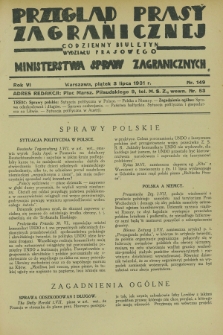 Przegląd Prasy Zagranicznej : codzienny biuletyn Wydziału Prasowego Ministerstwa Spraw Zagranicznych. R.6, nr 149 (3 lipca 1931)