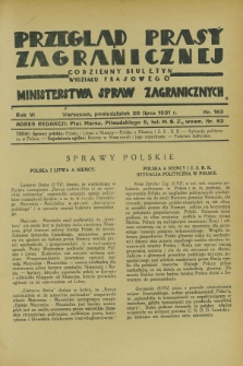 Przegląd Prasy Zagranicznej : codzienny biuletyn Wydziału Prasowego Ministerstwa Spraw Zagranicznych. R.6, nr 163 (20 lipca 1931)