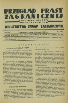 Przegląd Prasy Zagranicznej : codzienny biuletyn Wydziału Prasowego Ministerstwa Spraw Zagranicznych. R.6, nr 177 (5 sierpnia 1931)