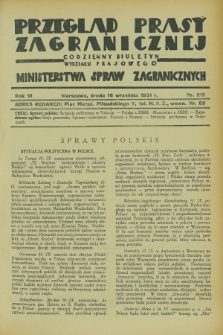 Przegląd Prasy Zagranicznej : codzienny biuletyn Wydziału Prasowego Ministerstwa Spraw Zagranicznych. R.6, nr 212 (16 września 1931)