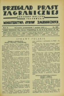 Przegląd Prasy Zagranicznej : codzienny biuletyn Wydziału Prasowego Ministerstwa Spraw Zagranicznych. R.6, nr 281 (7 grudnia 1931)
