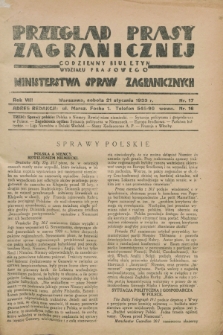 Przegląd Prasy Zagranicznej : codzienny biuletyn Wydziału Prasowego Ministerstwa Spraw Zagranicznych. R.8, nr 17 (21 stycznia 1933)