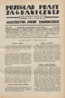 Przegląd Prasy Zagranicznej : codzienny biuletyn Wydziału Prasowego Ministerstwa Spraw Zagranicznych. R.8, nr 172 (31 lipca 1933)