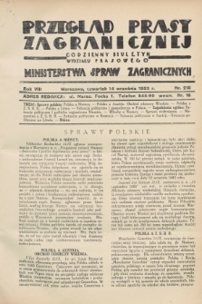 Przegląd Prasy Zagranicznej : codzienny biuletyn Wydziału Prasowego Ministerstwa Spraw Zagranicznych. R.8, nr 210 (14 września 1933)