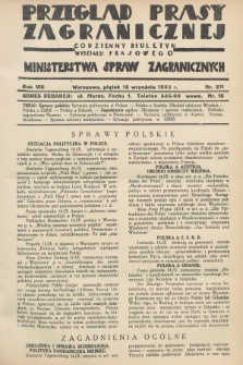 Przegląd Prasy Zagranicznej : codzienny biuletyn Wydziału Prasowego Ministerstwa Spraw Zagranicznych. R.8, nr 211 (15 września 1933)