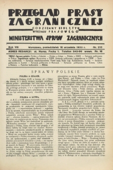 Przegląd Prasy Zagranicznej : codzienny biuletyn Wydziału Prasowego Ministerstwa Spraw Zagranicznych. R.8, nr 213 (18 września 1933)