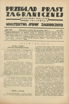 Przegląd Prasy Zagranicznej : codzienny biuletyn Wydziału Prasowego Ministerstwa Spraw Zagranicznych. R.8, nr 224 (30 września 1933)