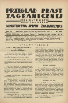 Przegląd Prasy Zagranicznej : codzienny biuletyn Wydziału Prasowego Ministerstwa Spraw Zagranicznych. R.8, nr 225 (2 października 1933)