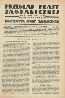 Przegląd Prasy Zagranicznej : codzienny biuletyn Wydziału Prasowego Ministerstwa Spraw Zagranicznych. R.8, nr 271 (27 listopada 1933)