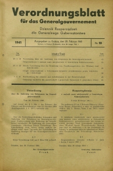 Verordnungsblatt für das Generalgouvernement = Dziennik Rozporządzeń dla Generalnego Gubernatorstwa. 1941, Nr. 10 (28 Februar)