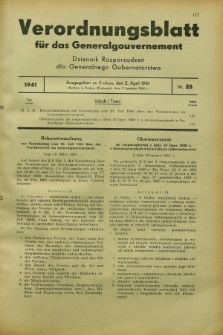 Verordnungsblatt für das Generalgouvernement = Dziennik Rozporządzeń dla Generalnego Gubernatorstwa. 1941, Nr. 26 (2 April)