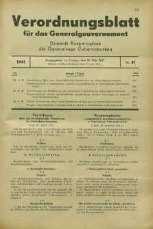 Verordnungsblatt für das Generalgouvernement = Dziennik Rozporządzeń dla Generalnego Gubernatorstwa. 1941, Nr. 41 (10 Mai)