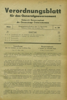 Verordnungsblatt für das Generalgouvernement = Dziennik Rozporządzeń dla Generalnego Gubernatorstwa. 1943, Nr. 28 (13 April)
