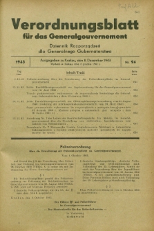 Verordnungsblatt für das Generalgouvernement = Dziennik Rozporządzeń dla Generalnego Gubernatorstwa. 1943, Nr. 94 (8 Dezember)