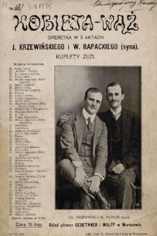 Kobieta-wąż : operetka w 3 aktach J. Krzewińskiego i W. Rapackiego (syna) : kuplety Zuzi