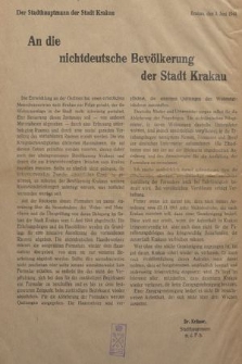 An die nichtdeutsche Bevölkerung der Stadt Krakau : Anordnung über die Neuaufnahme der Wohn-und Nutzräume und Überprüfung von deren Belegung im Gebiet der Stadt Krakau vom 1.6.1944