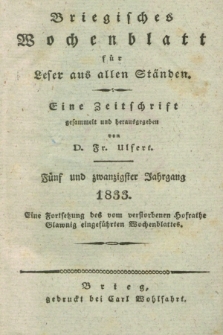 Briegisches Wochenblatt für Leser aus allen Ständen. [Jg.25], [nr] 26 (1 July 1833) + dod.
