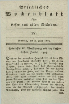 Briegisches Wochenblatt für Leser aus allen Ständen. [Jg.25], [nr] 27 (8 July 1833) + dod.