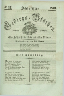 Schlesische Gebirgs-Blüthen : eine Zeitschrift für Leser aus allen Ständen. Jg.6, № 17 (23 April 1840)