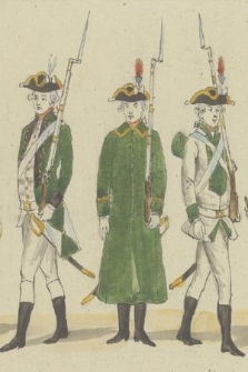 [Wzory umundurowania wojska polskiego z 1775 roku] : Artyllerya w ubiorze paradnem : Artyllerya w płaszczu i kurtce : Korpus Pontonierów