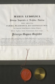 Dokument arcyksiężnej Austrii Marii Ludwiki ustanawiający hrabiego Tymoteusza Ledóchowskiego rycerzem Zakonu Konstantyniańskiego św. Jerzego