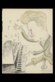[Karykatura Jakuba Sobieskiego (1914-1989) grającego na fortepianie partyturę: Gdy Sobieski był dziekanem]