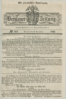 Breslauer Zeitung : mit allerhöchster Bewilligung. 1834, №. 217 (17 September) + dod.
