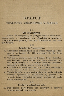 Statut Towarzystwa Numizmatycznego w Krakowie