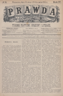 Prawda : tygodnik polityczny, społeczny i literacki. 1884, nr 6