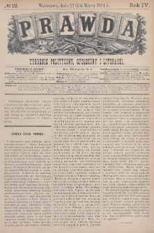 Prawda : tygodnik polityczny, społeczny i literacki. 1884, nr 12
