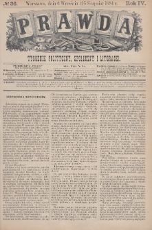 Prawda : tygodnik polityczny, społeczny i literacki. 1884, nr 36