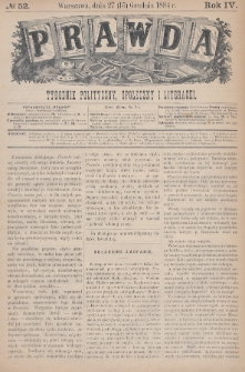 Prawda : tygodnik polityczny, społeczny i literacki. 1884, nr 52