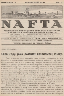 Nafta : miesięcznik poświęcony sprawom naftowym. R.10, 1931, nr 4