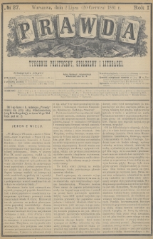 Prawda : tygodnik polityczny, społeczny i literacki. 1881, nr 27