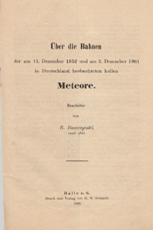 Über die Bahnen der am 11. Dezember 1852 und am 3. Dezember 1861 in Deutschland beobachteten hellen Meteore