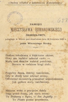 Pamięci Mieczysława Romanowskiego żołnierza-poety poległego w bitwie pod Józefowem dnia 28 kwietnia 1863 r.